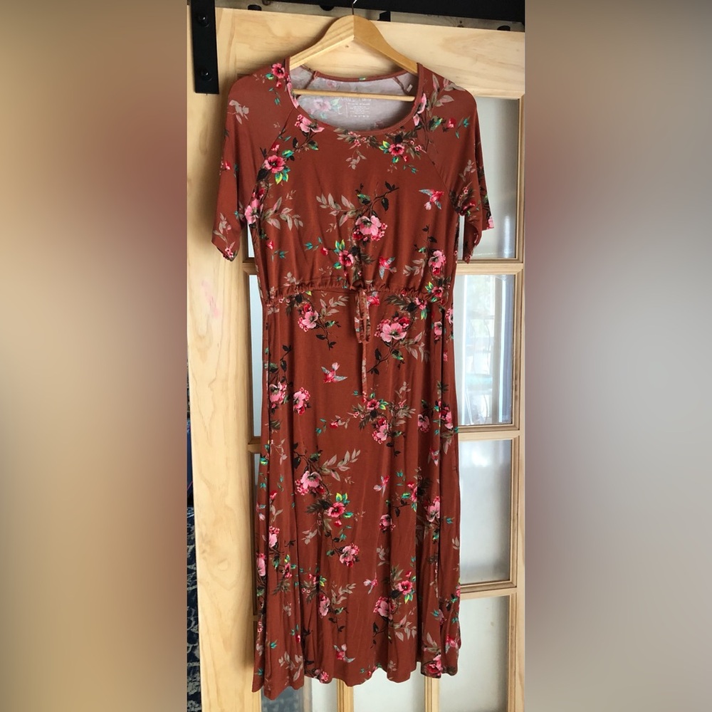 Rust Floral Midi Dress with Elastic Waist